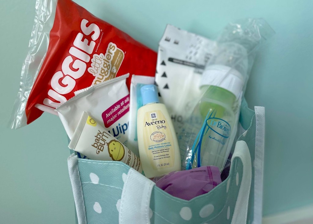 bag with baby freebies coming out of top