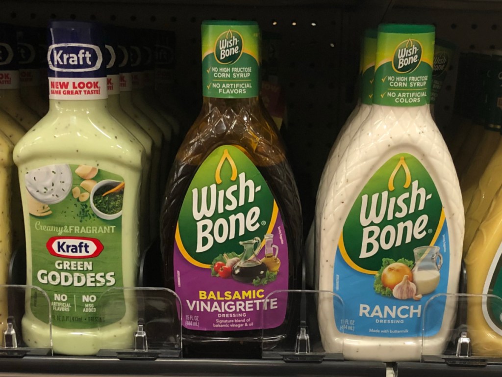 store display shelves with salad dressing