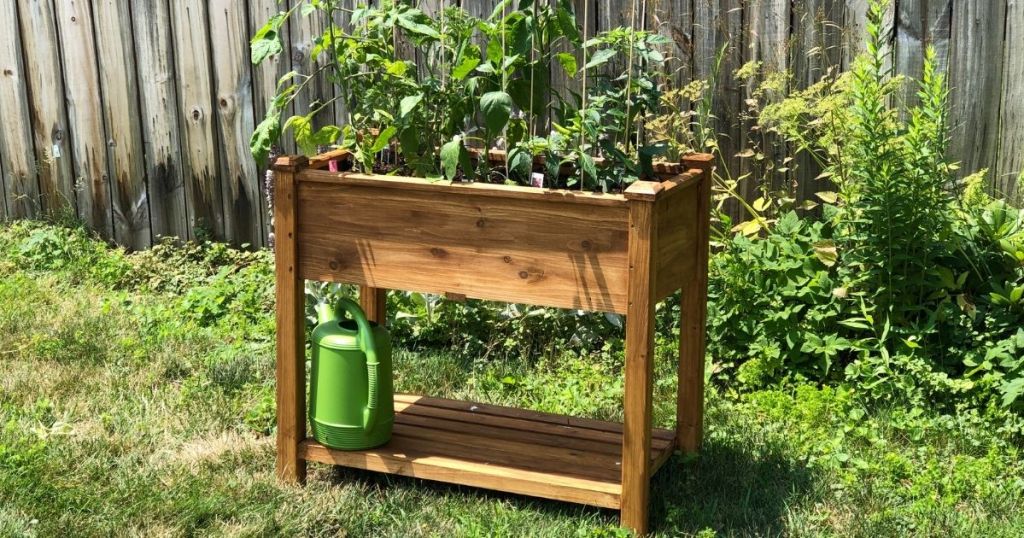 Wood raised garden bed filled with plants in yard 