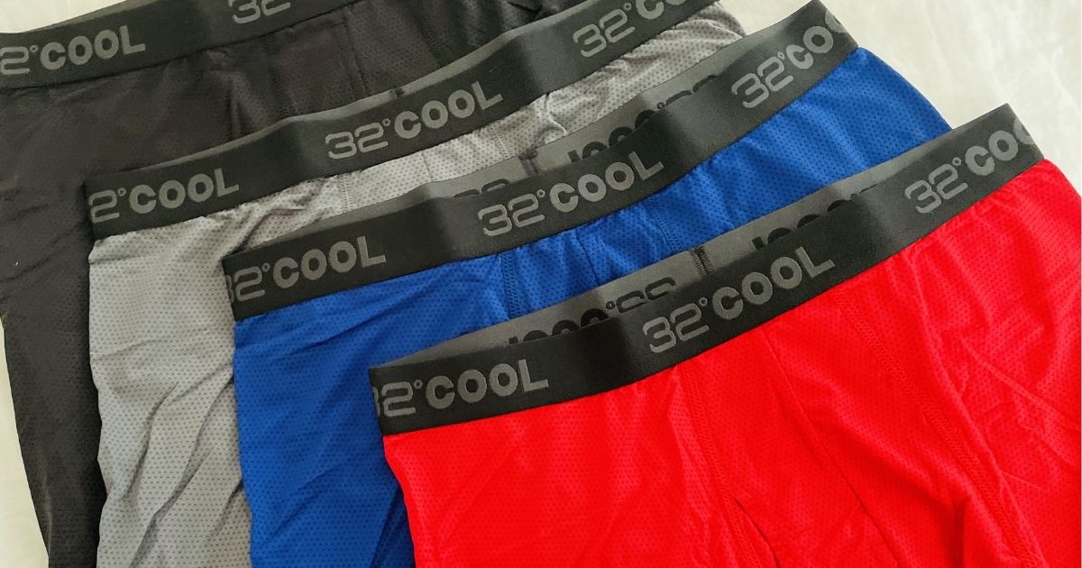 row of black, grey, blue, and red 32 Degrees Men’s Cool Boxer Briefs