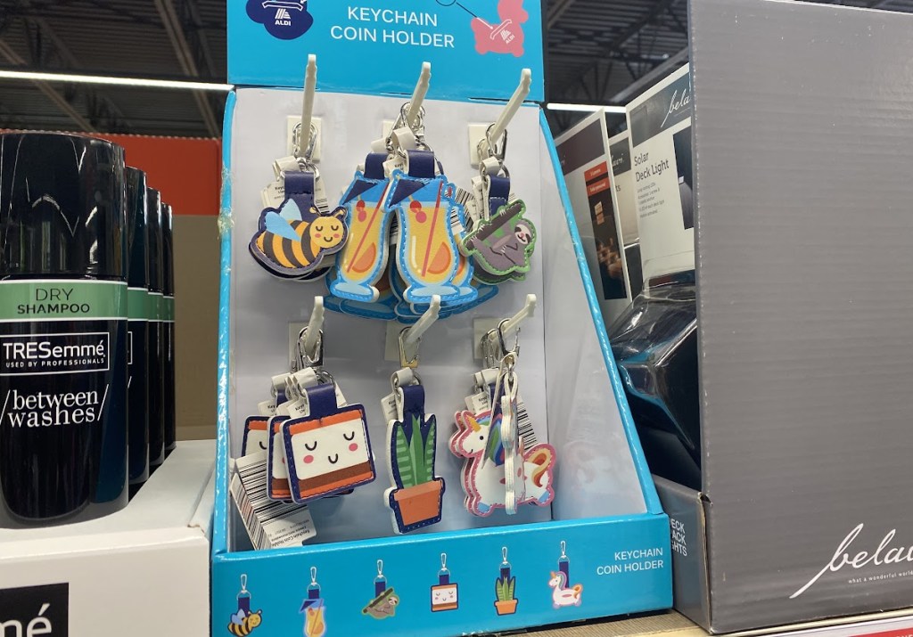 in-store display of coin holder key chains