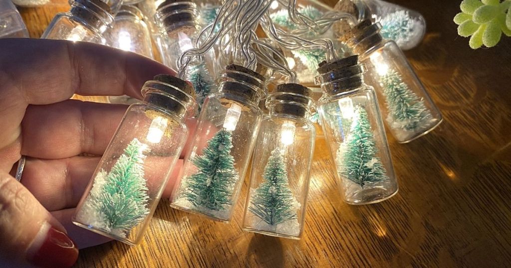 hand holding Christmas tree bottle string lights