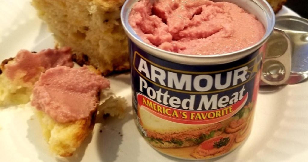 Armour Potted Meat in can next to bread