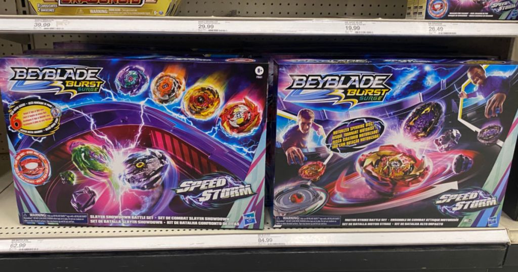 two toy battle arenas on shelf 
