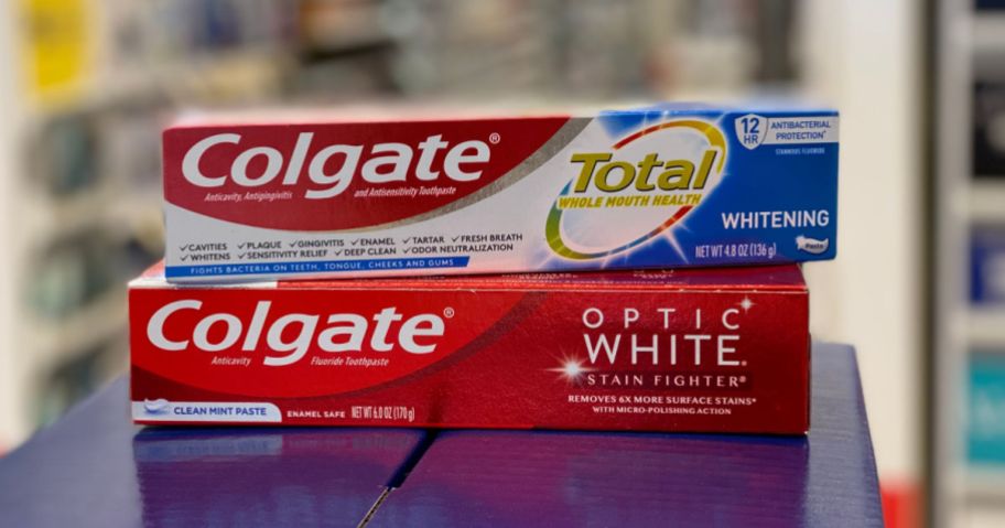 Two toothpaste tubes on a platform