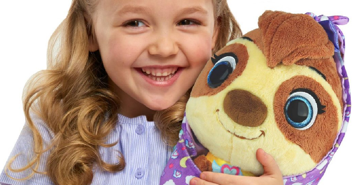 Disney T.O.T.S. Cuddle And Wrap Sunny the Sloth Plush with girl