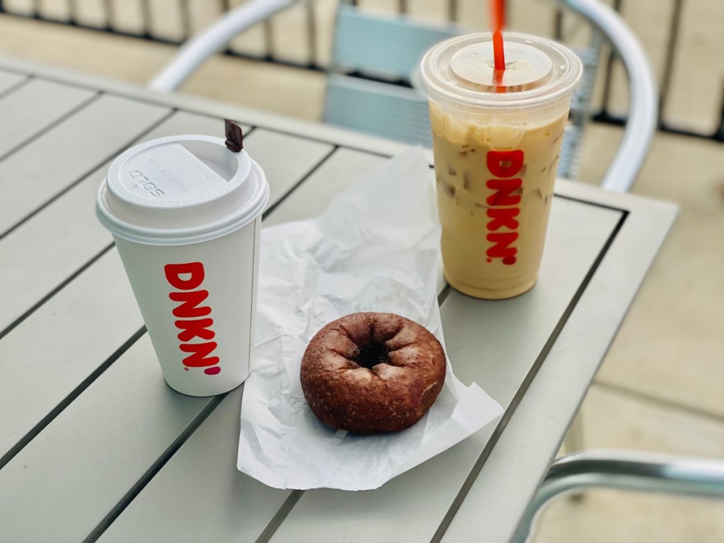 Dunkin' pumpkin spice latte, coffee and donut