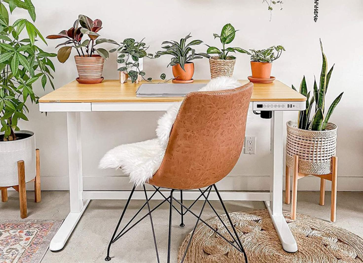 desk with plants on it and a chair next to it