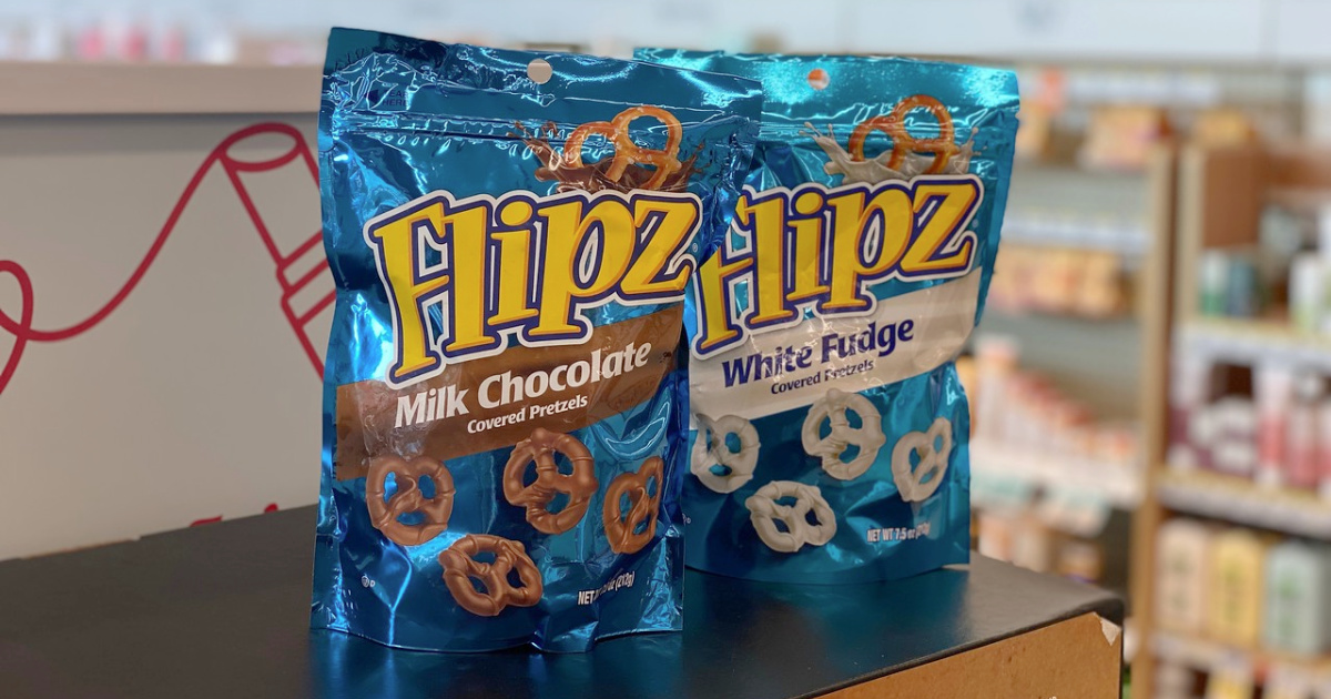 two bags of Flipz Pretzels on a store counter