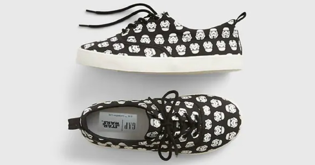 pair of shoes with storm trooper print