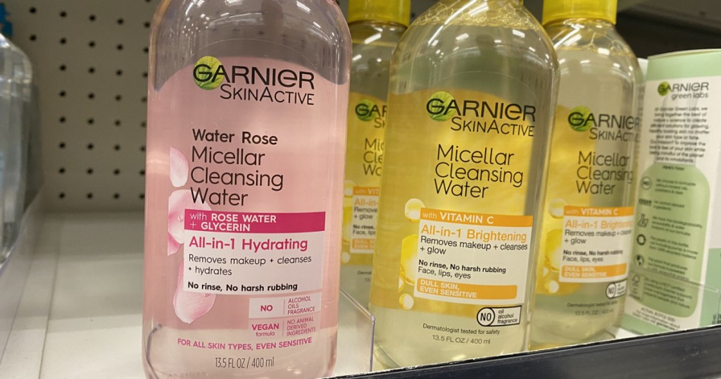 bottles of garnier micellar water on store shelf