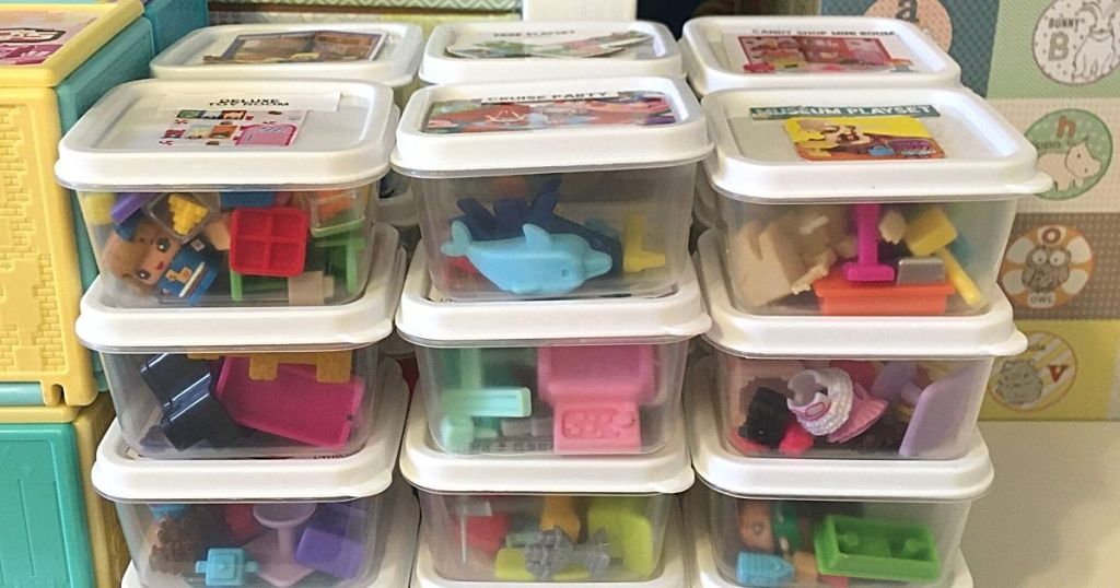 little rectangle storage containers filled with toys