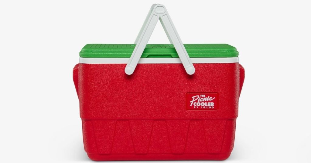 red Igloo cooler with green lid