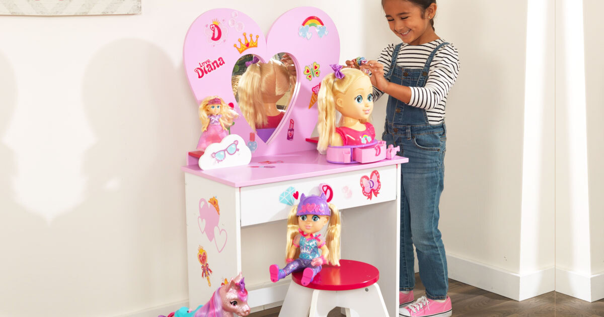 KidKraft Love Diana Wooden Heart Vanity Toy Set with Stool, Mirror & Stickers