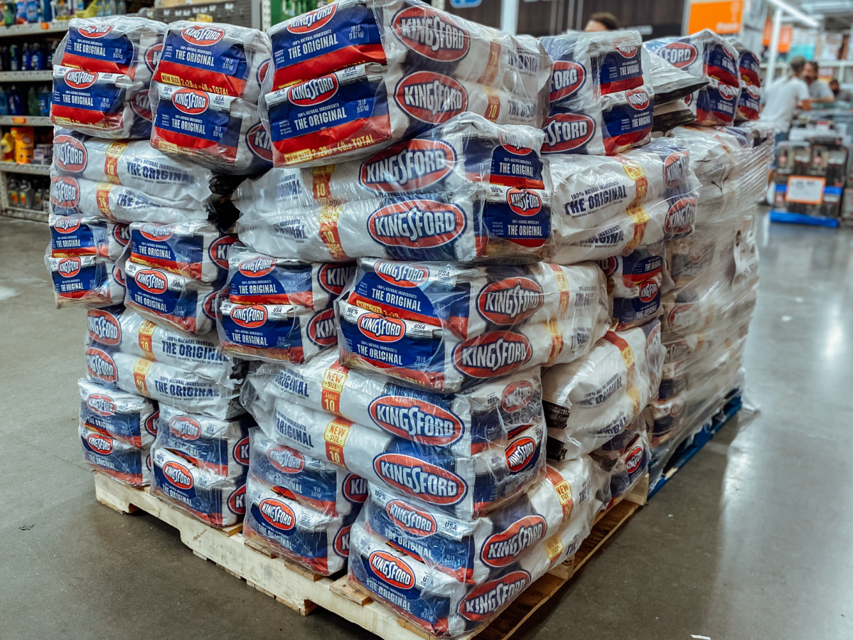 large pallet of Kingsford Charcoal 2 pack in Home Depot store