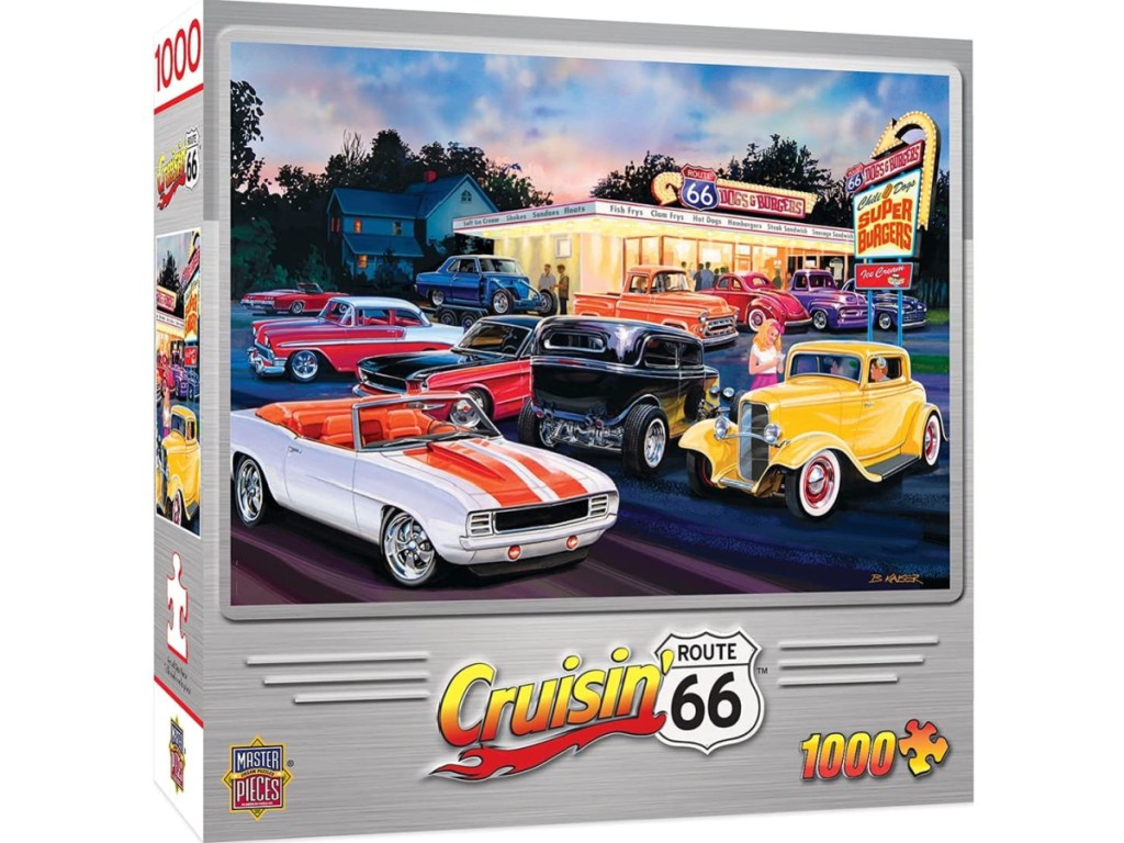 puzzle box with old cars and restaurant