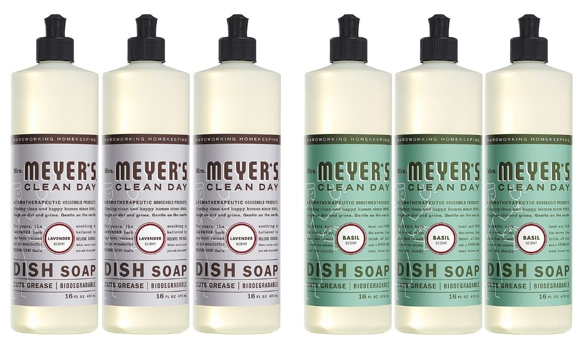 two 3 packs of mrs. meyers dish soaps in lavender and basil