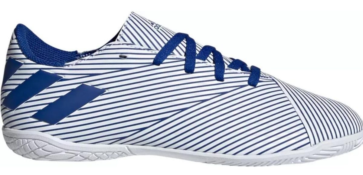 blue and white kids' indoor soccer shoes