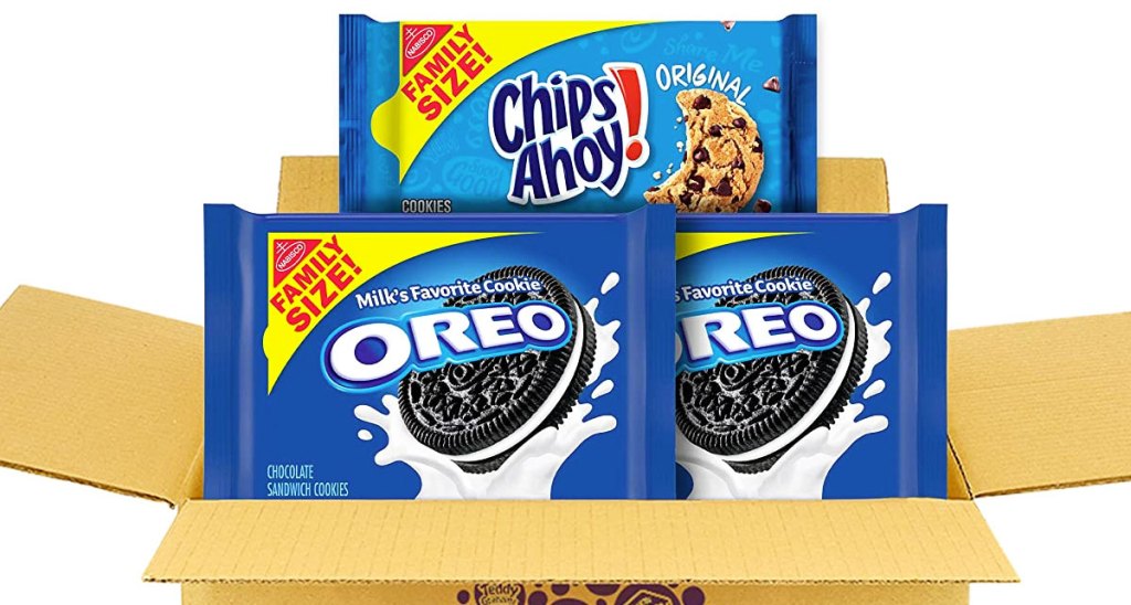two packs of oreos and chips ahoy cookies in shipping box