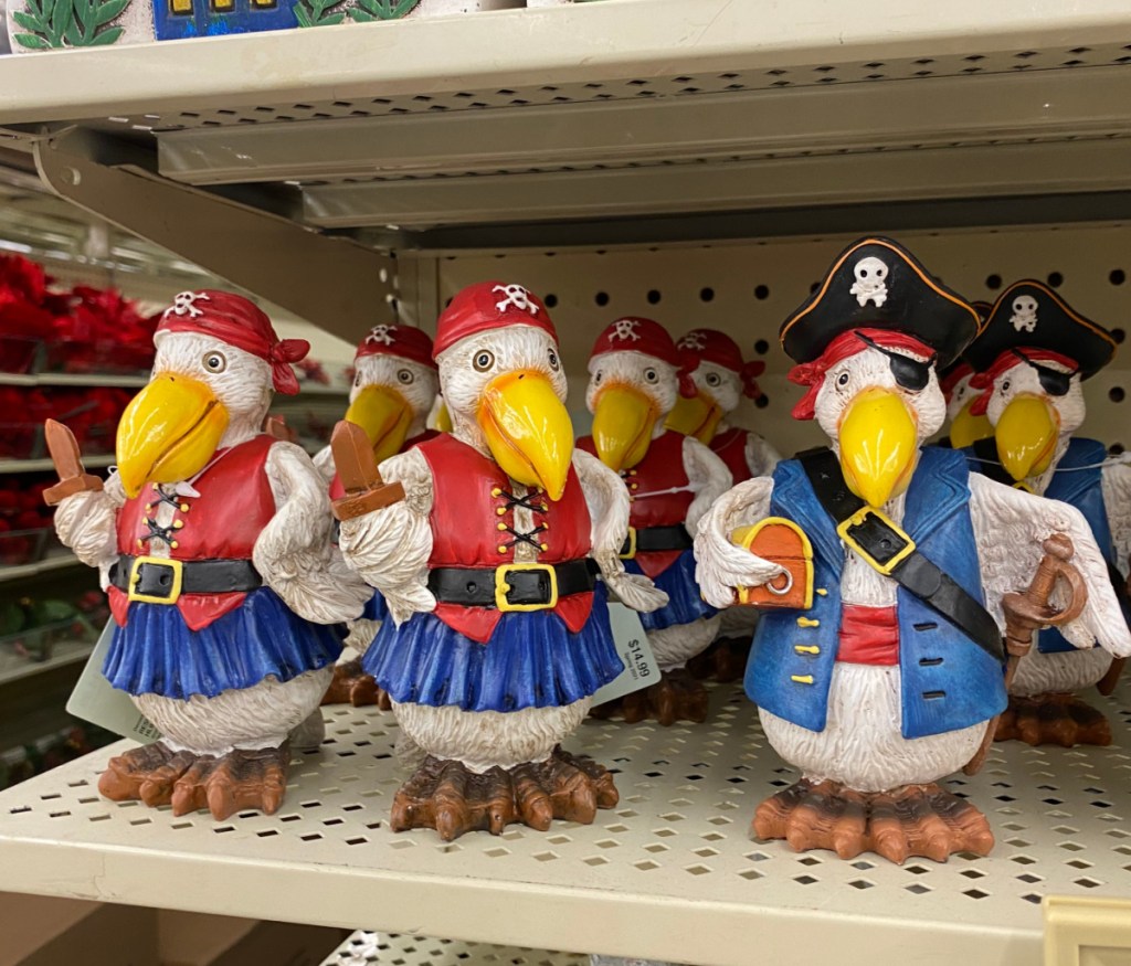 pirate themed seagull decorations on display in-store