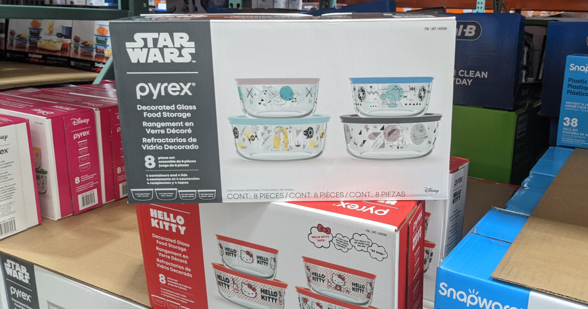 Star Wars and Hello Kitty themed food storage containers in packaging at warehouse store