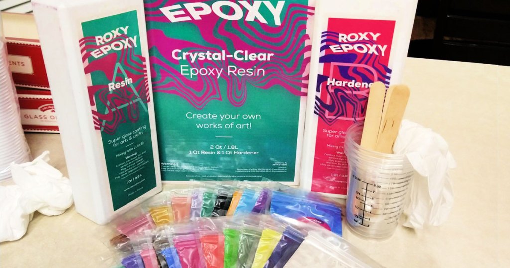 epoxy resin bottles and packets of powder colors