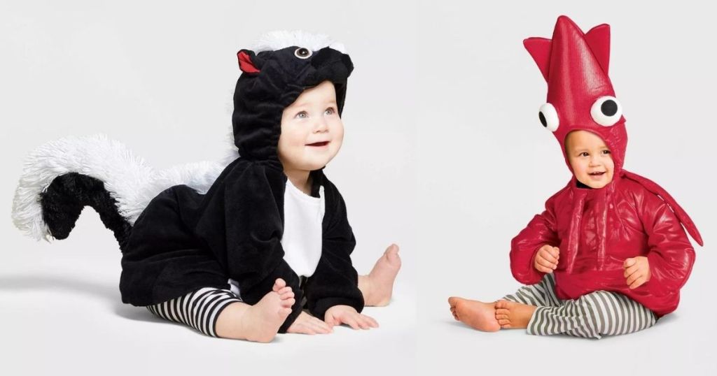 babies wearing skunk and squid costumes