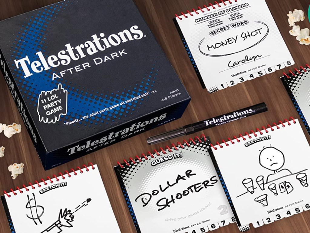 Telestrations After Dark board game for adults spread out on table