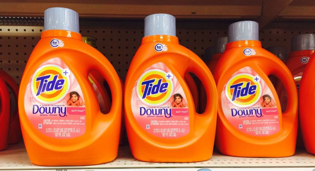 row of Tide detergents on a shelf