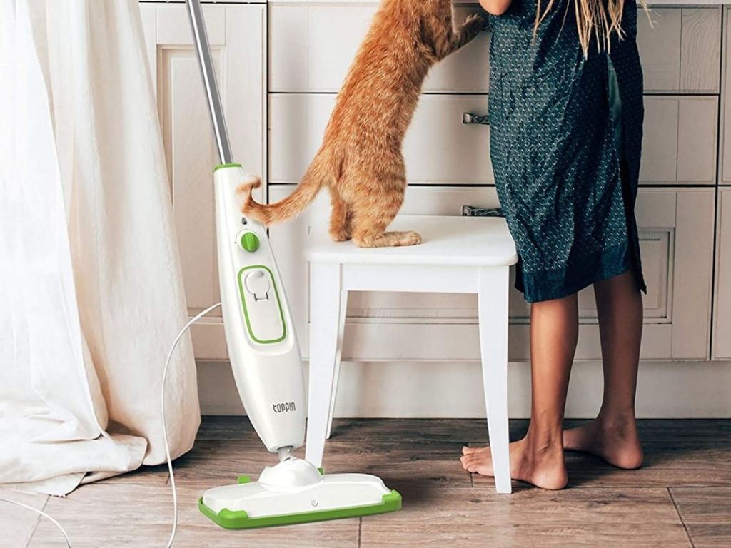 kid and cat standing next to steam mop