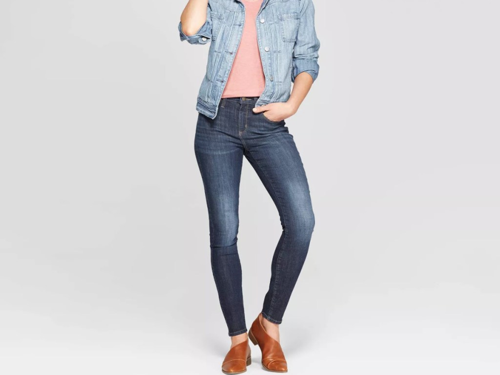 girl in denim outfit with brown shoes