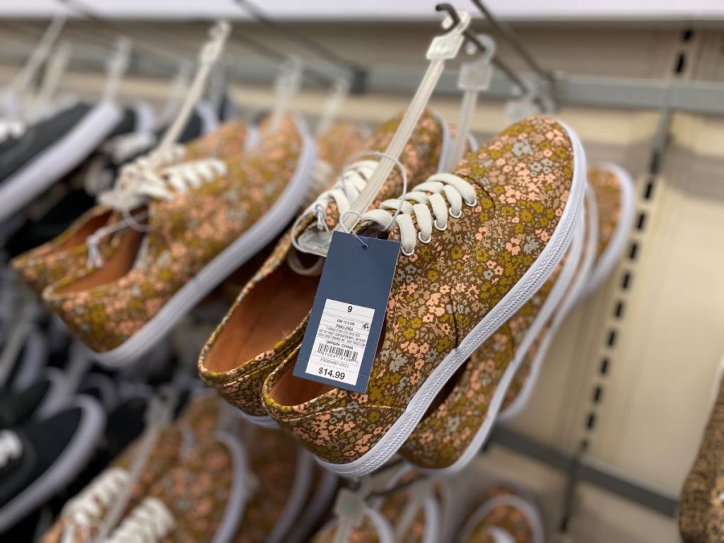 floral sneakers on hangers at Target