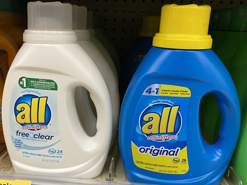 2 bottles of all laundry detergent on store shelf