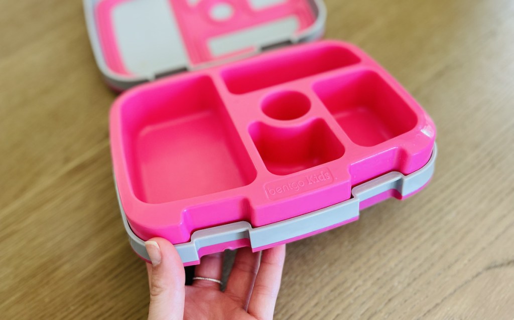 hand holding pink and gray bento box 