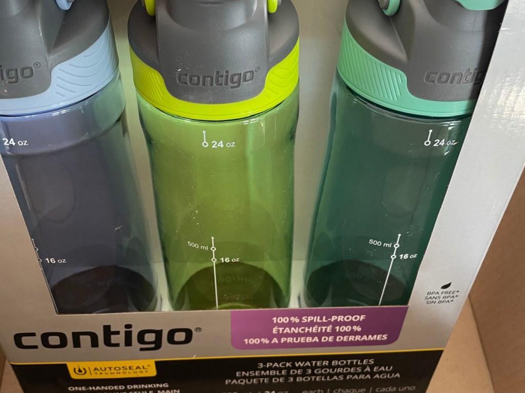 package containing 3 different colored water bottles