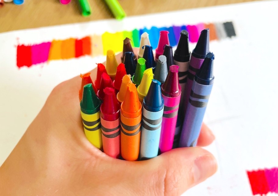 hand holding a bunch of colorful wax sticks