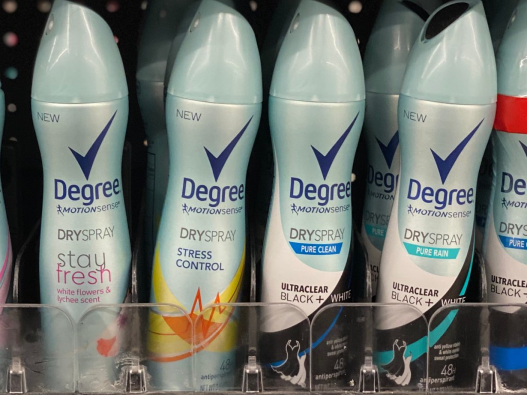women's deodorant spray on store shelf
