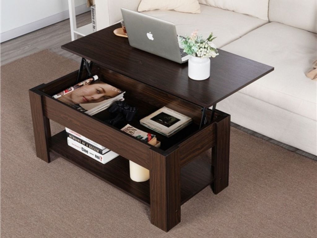 brown coffee table with adjustable tabletop