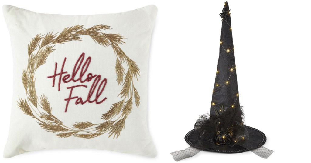 fall throw pillow and witches hat decor