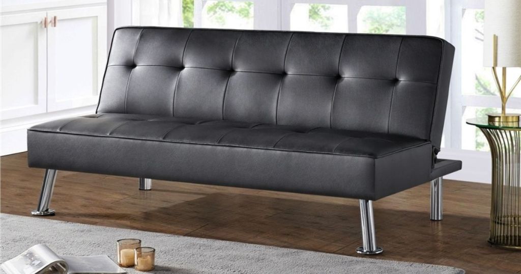black leather futon in living room