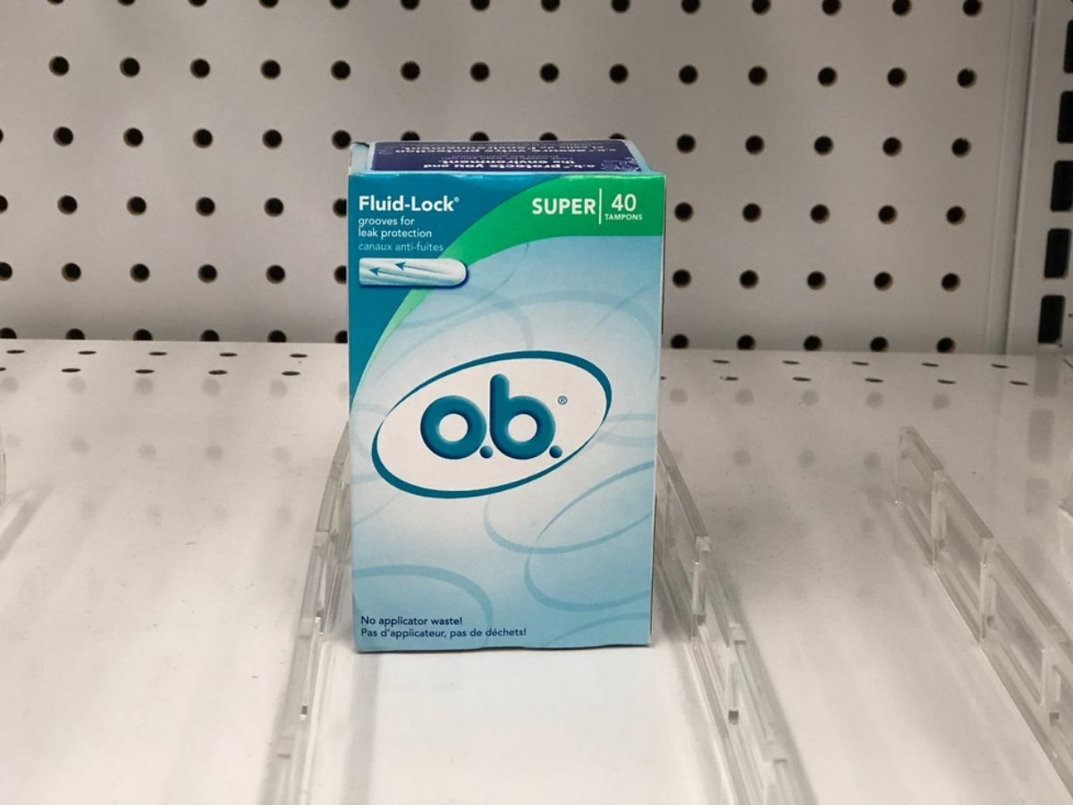 o.b. super tampons on store shelf