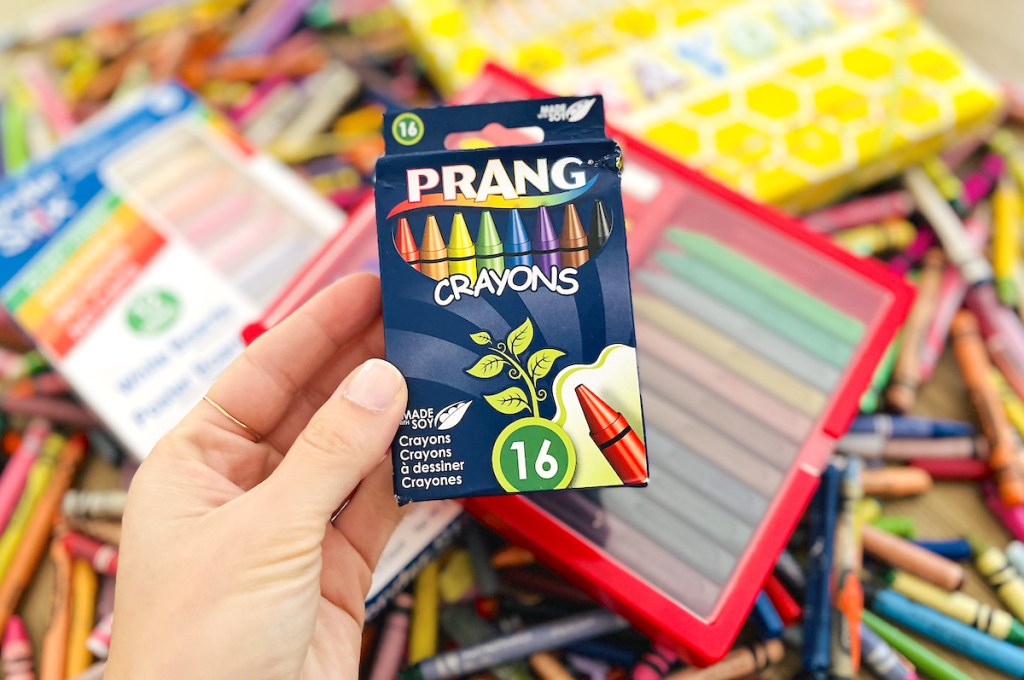 hand holding a box of prang crayons in front of huge pile of crayons