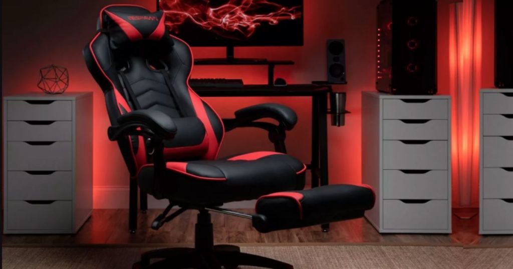 red and black office gaming chair in office
