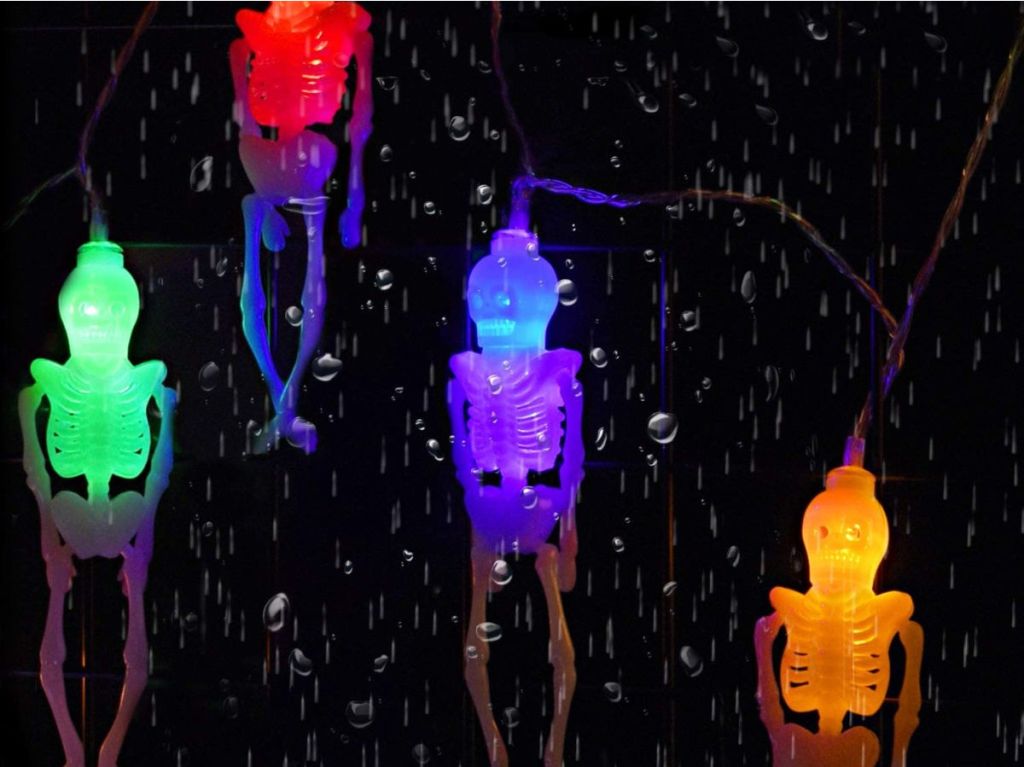 colorful skeleton lights in the rain