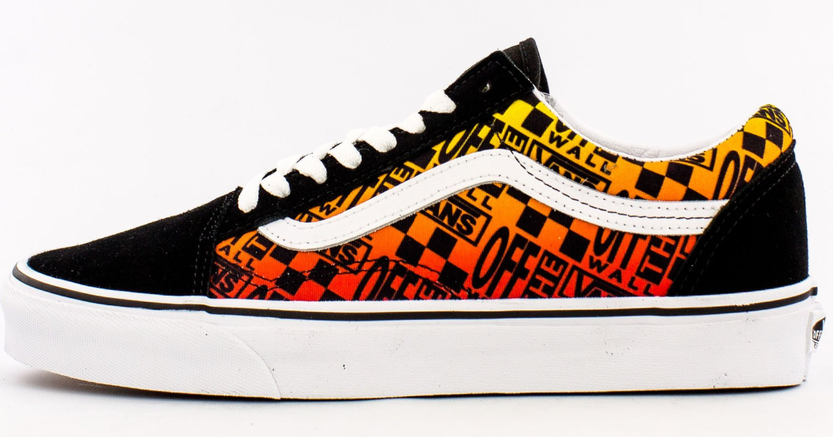 stock image of black, orange, red, yellow, and white vans sneakers