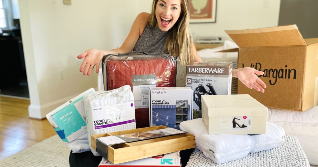 woman showing off what was in her WiBargain surprise box