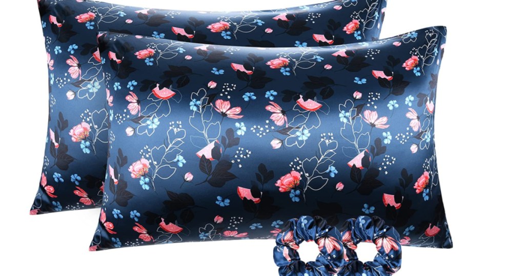 satin pillowcases and scrunchies with floral print