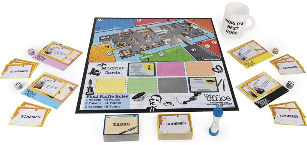 the office board game with cards and mug