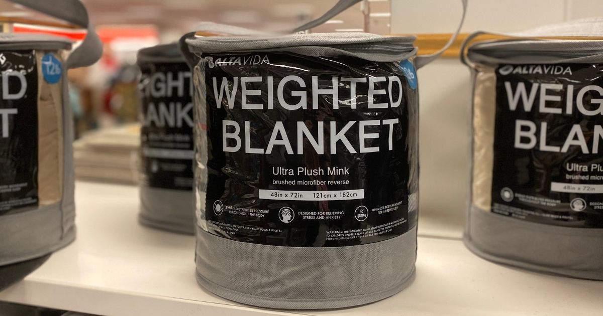 weighted blankets on a shelf