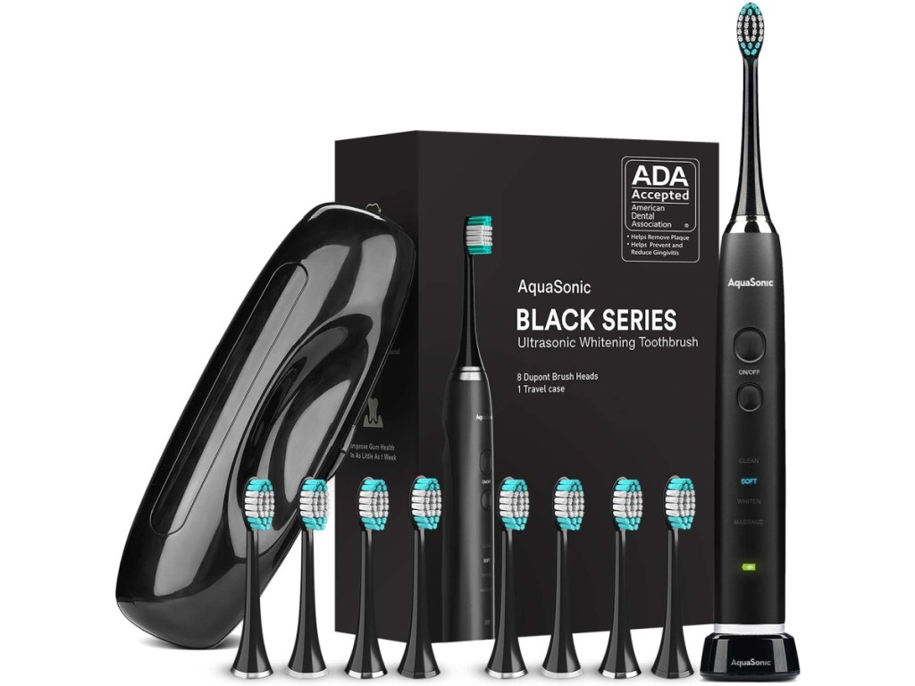 AquaSonic Black Series Ultra Whitening Toothbrush w/ 8 Brush Heads & Travel Case